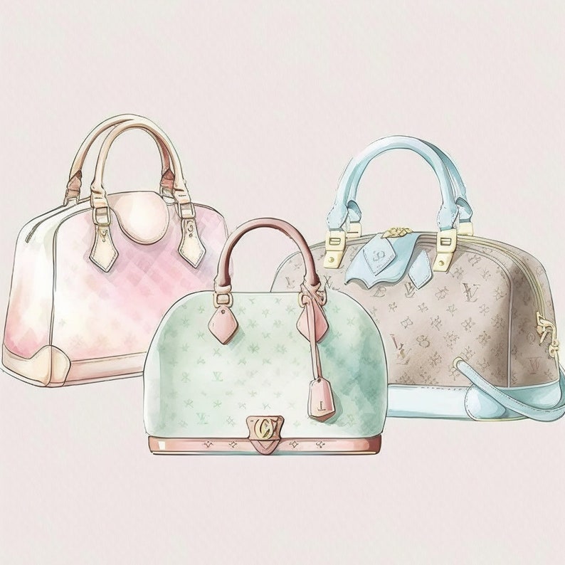 May include: Three designer handbags in different colors and patterns. The handbags are made of leather and have a classic design. The handbags are a light pink, a light green, and a brown.