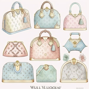 May include: A collection of nine designer handbags in various colors and patterns. The handbags are made of leather and have gold hardware. The handbags are arranged in a row, with the largest handbag in the center.