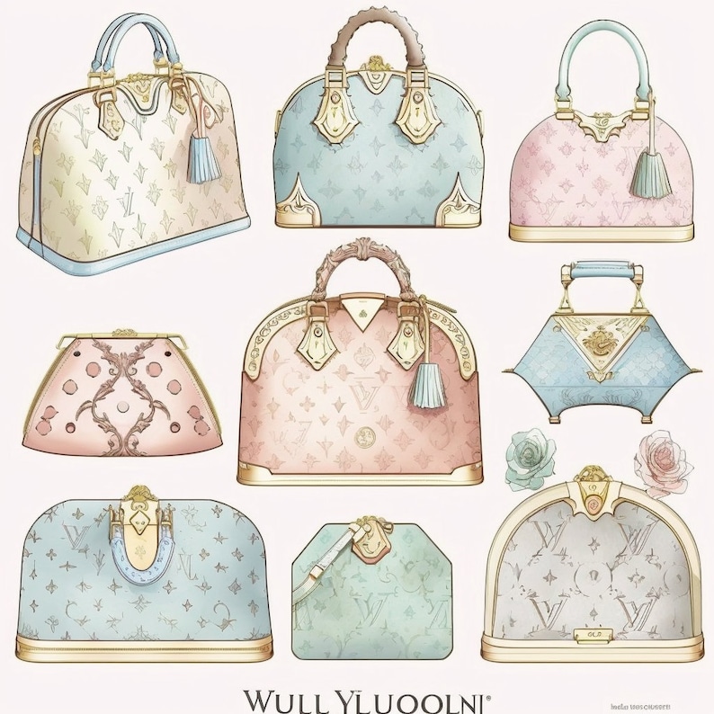 May include: A collection of nine designer handbags in various colors and patterns. The handbags are made of leather and have gold hardware. The handbags are arranged in a row, with the largest handbag in the center.
