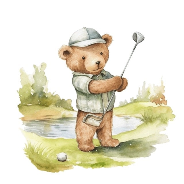 Teddy Bear Playing Golf Fathers Day Watercolor Clip Art 4 High