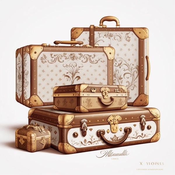 Antique Watercolor Luxury Designer Suitcases clipart clip art 4 PNG format instant download for commercial use - 210