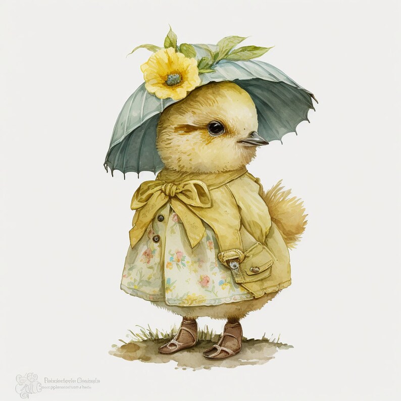 May include: A yellow chick wearing a blue and white umbrella hat and a yellow and white floral dress. The chick is standing on a brown surface with green grass.