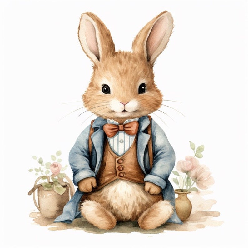 Bunny Rabbit Flower Watercolor Clip Art 4 PNG Files Mix Media Paper ...