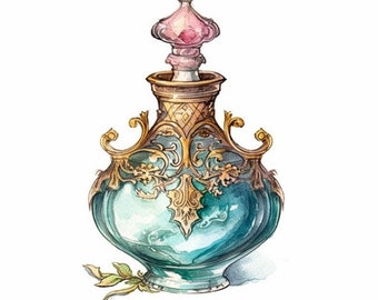 Può includere: Un flacone di profumo in vetro in stile vintage con un design dorato ornato e un tappo in vetro rosa. Il flacone è riempito con un liquido color verde acqua.