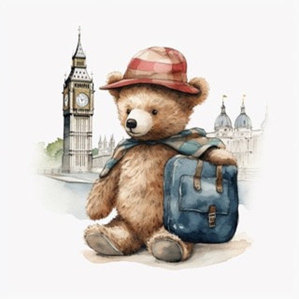 Traveling Teddy Bear in London Watercolor Clipart 8 High Quality JPG, Digital Download, Card Making Mixed Media, Crafts Clip art - 150