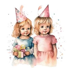 Zwilling Mädchen Geburtstag Karte Aquarell Clip Art Sublimation Grafiken 4 PNG Dateien Mix Media Papier Handwerk Scrap Buchung Junk Journal Collage - 545