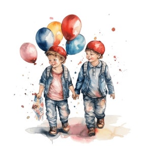 Twin Boys Birthday Card Aquarelle Clip Art Sublimation Graphics 4 PNG Files Mix Media Paper Craft Scrap Booking Junk Journal Collage - 555