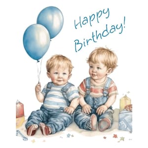 Zwilling Jungen Geburtstag Karte Aquarell Clip Art Sublimation Grafiken 4 PNG-Dateien Mix Media Papier Handwerk Scrap Buchung Junk Journal Collage - 554