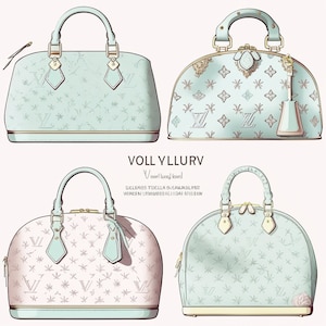 May include: Four different styles of designer handbags in various shades of blue and pink with a monogram pattern. The handbags have gold hardware and are drawn in a detailed style.