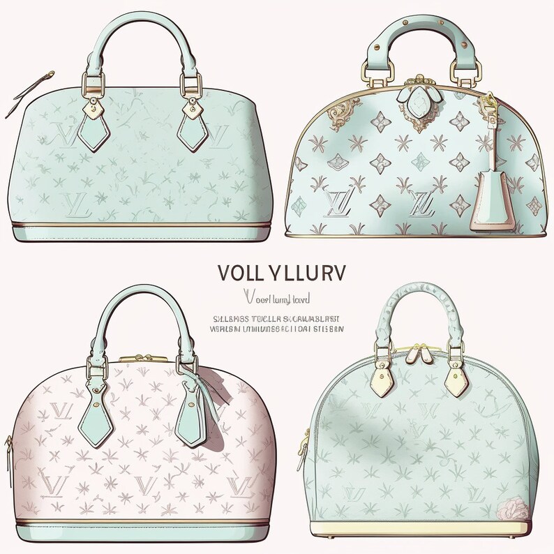 May include: Four different styles of designer handbags in various shades of blue and pink with a monogram pattern. The handbags have gold hardware and are drawn in a detailed style.