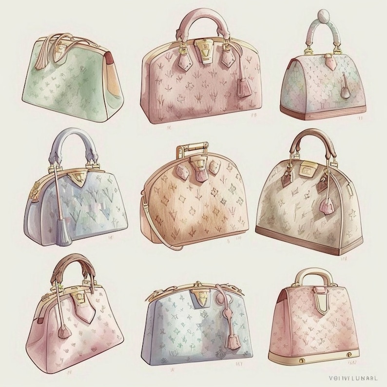 May include: Nine different styles of designer handbags in various colors and patterns. The handbags are all made of leather and have a classic design.