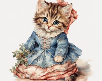 Baroque Kitten Kitty Cat Watercolor Clipart 8 High Quality JPG, Digital Download, Card Making Mixed Media, Crafts Clip art - 138