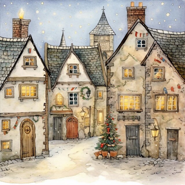 Christmas Village Watercolor Clip Art 4 JPG Mix Media Card Making ...