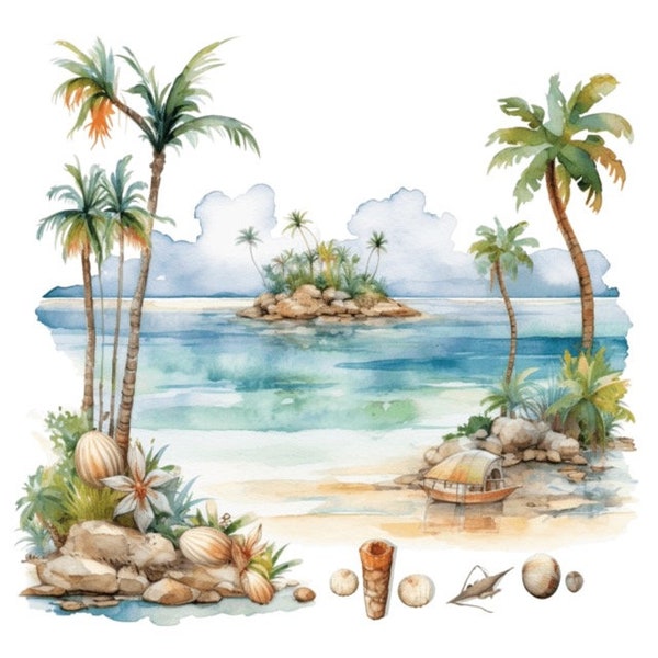 Tropical Coastal Ocean Beach Watercolor Clip Art 4 High Quality PNG Format Instant Download Commercial Use - 273