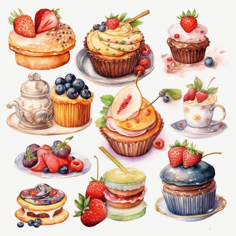 Desserts Clipart Food 8 High Quality JPG Watercolor Digital Download ...
