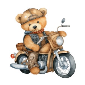 Ours en peluche chevauchant une moto vélo aquarelle Clip Art Sublimation Graphics 4 haute qualité PNG Mix Media carte faisant usage Commercial - 499