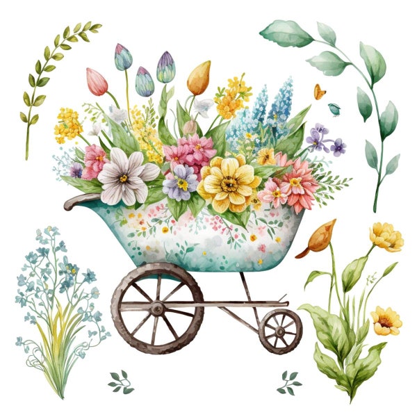 Floral Wheelbarrow Flower Clip Art Sublimation Graphics Watercolor Clipart 4 High Quality PNG Transparent Commercial Use Collage  - 450