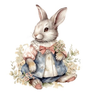 May include: A watercolor painting of a cute bunny rabbit wearing a blue and pink dress with a pink bow. The bunny is sitting in a bed of white and yellow flowers.