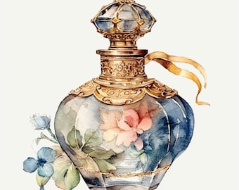 Può includere: Un flacone di profumo in vetro in stile vintage con un tappo dorato e dettagli intricati. Il flacone è decorato con motivi floreali in tonalità di blu, rosa e verde.