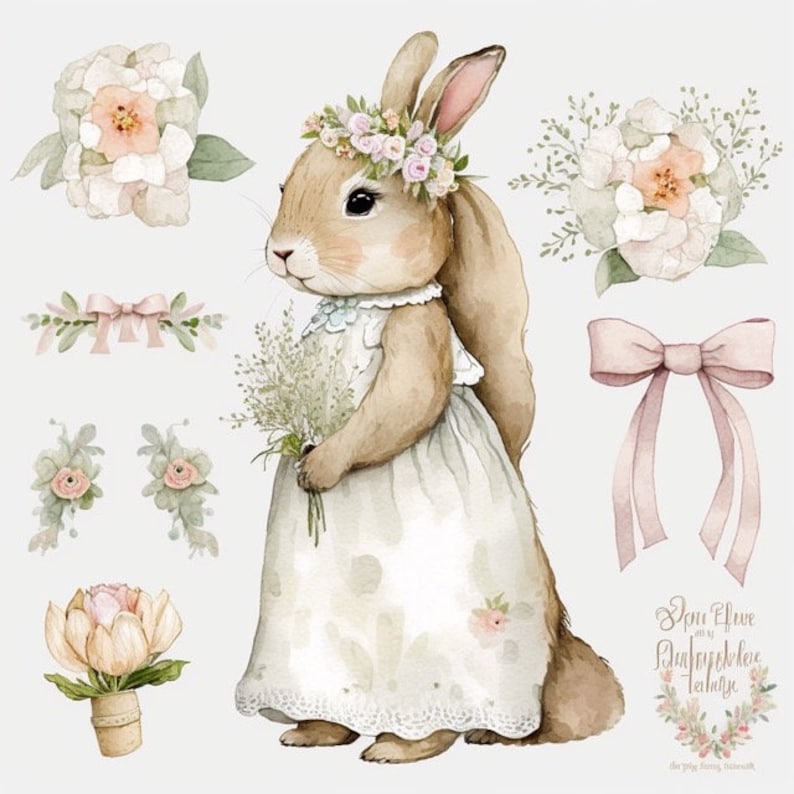 May include: A watercolor illustration of a brown bunny wearing a white dress and a floral crown. The bunny is holding a bouquet of flowers. The image also includes various floral elements, including a pink bow, a bouquet of white flowers, and a single pink flower.