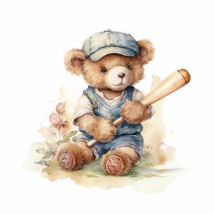 May include: A watercolour illustration of a brown teddy bear wearing a blue baseball cap and overalls, holding a wooden baseball bat. The bear is sitting on a green patch of grass with pink flowers in the background.