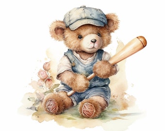 Teddy Bear playing Baseball Clipart 8 High Quality JPG Watercolor Art Digital Download Card Making Mixed Media Digital Paper Craft - 077