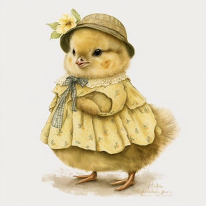 May include: A yellow chick wearing a yellow dress with a blue and white checkered bow and a brown straw hat with a yellow flower. The chick is standing on a white background.