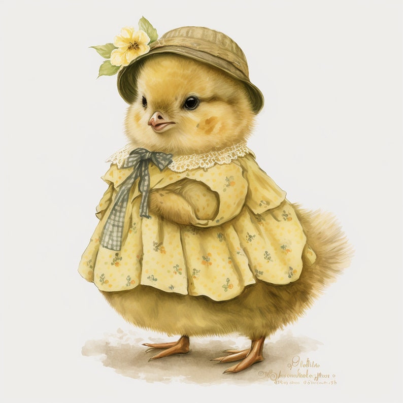 May include: A yellow chick wearing a yellow dress with a blue and white checkered bow and a brown straw hat with a yellow flower. The chick is standing on a white background.
