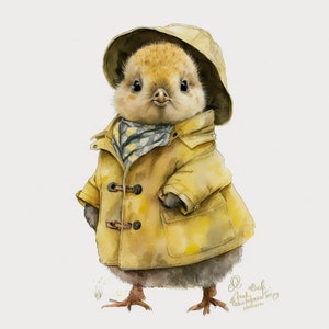 May include: A watercolor painting of a small, yellow chick wearing a yellow raincoat with a blue and white patterned scarf. The chick is standing on a white background.