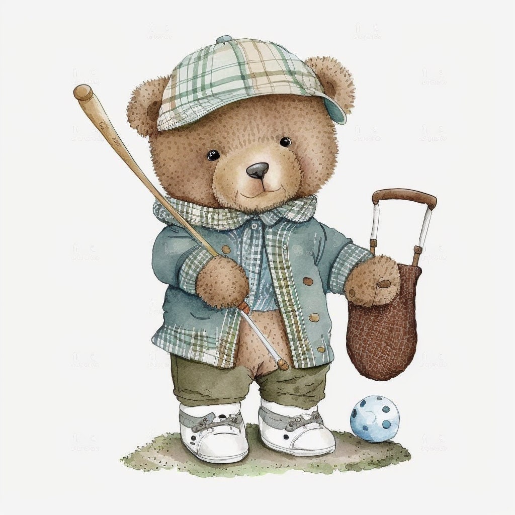 Teddy Bear Playing Golf Clipart, 8 High Quality JPG Watercolor Art
