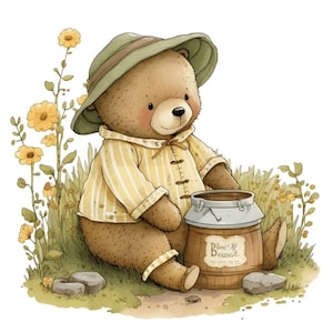 May include: A brown teddy bear wearing a green and yellow striped shirt and a green hat sits on a patch of green grass with yellow flowers. The bear is holding a small wooden barrel with a metal lid and a label that says "Pure & Sweet".