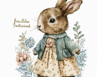 Bunny Rabbit Clipart, 10 High Quality JPG Watercolor Art, Digital Download, Card Making, Mixed Media, Digital Paper Craft - 004