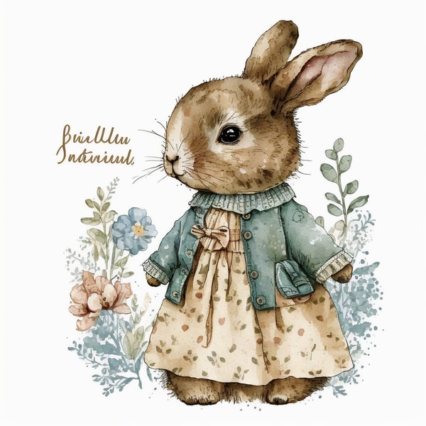 Bunny Rabbit Clipart, 10 High Quality JPG Watercolor Art, Digital Download, Card Making, Mixed Media, Digital Paper Craft - 004