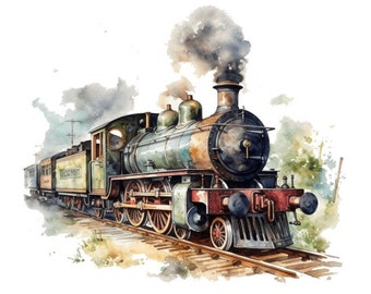 May include: A vintage steam locomotive train with a green and brown paint scheme, pulling a string of passenger cars. The train is on a set of tracks and is emitting smoke from its chimney.