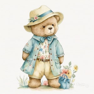Teddy Bear Clipart, 10 Arte de acuarela JPG de alta calidad, Descarga digital, Fabricación de tarjetas, Técnica mixta, Arte de papel digital - 003
