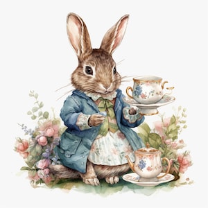 Bunny Rabbit Tea Time Watercolor Clipart, 4 High Quality PNG, Transparent Background, Digital Download, Card Making, Mixed Media Craft - 043