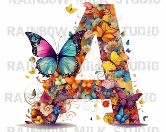 May include: A colorful letter A made of flowers and butterflies. The letter is surrounded by butterflies of various colors, including blue, pink, yellow, and orange. The letter is set against a white background.