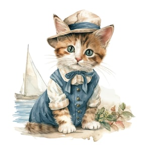 Gatito náutico gato gatito acuarela Clip Art 4 formato PNG de alta calidad descarga instantánea uso comercial - 455