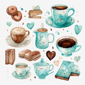 Hearts and Coffee Watercolor Clipart 8 High Quality JPG, Digital Download, Card Making Mixed Media, Crafts Clip art - 061