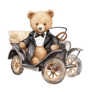 Ours en peluche au volant en smoking fête des pères aquarelle Clipart 4 haute qualité PNG Transparent téléchargement numérique carte faisant artisanat - 395