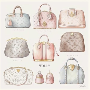 May include: A collection of nine designer handbags in various colors and patterns, including a light blue bag with the text "IVLATOLLE", a pink bag with the text "OALAYCINHS", a brown bag with the text "VWPEWEIN", a gray bag with the text "MONILL", a pink and white bag with the text "WOULY", and a light blue bag with the text "A2".