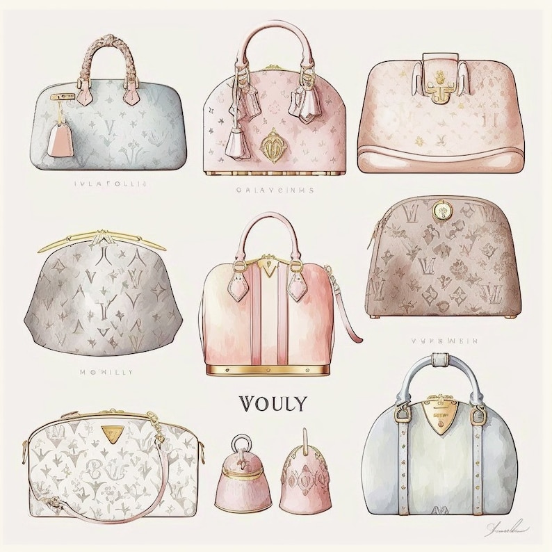May include: A collection of nine designer handbags in various colors and patterns, including a light blue bag with the text "IVLATOLLE", a pink bag with the text "OALAYCINHS", a brown bag with the text "VWPEWEIN", a gray bag with the text "MONILL", a pink and white bag with the text "WOULY", and a light blue bag with the text "A2".