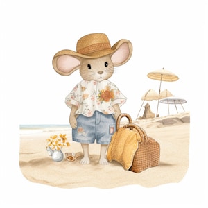 Cute Mouse on the Beach Clipart 8 High Quality JPG, Digital Download, Card Making Mixed Media, Crafts - 048