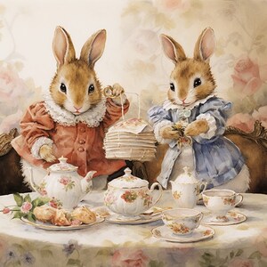 Bunny Rabbit Tea Time Aquarell Clip Art Sublimation Grafiken 4 JPG-Dateien Mix Media Papier Handwerk Scrapbooking Junk Journal - 601