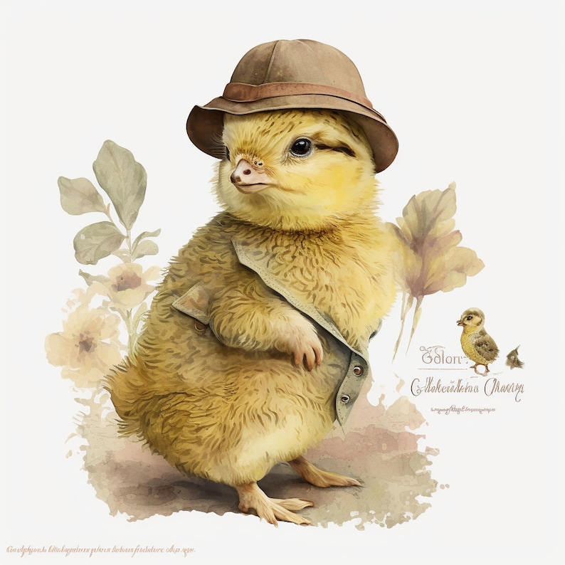 May include: A yellow chick wearing a brown fedora hat and a gray vest. The chick is standing on a watercolor background with flowers and leaves. The text "Galore" and "Collection Charm" is written in cursive on the background.