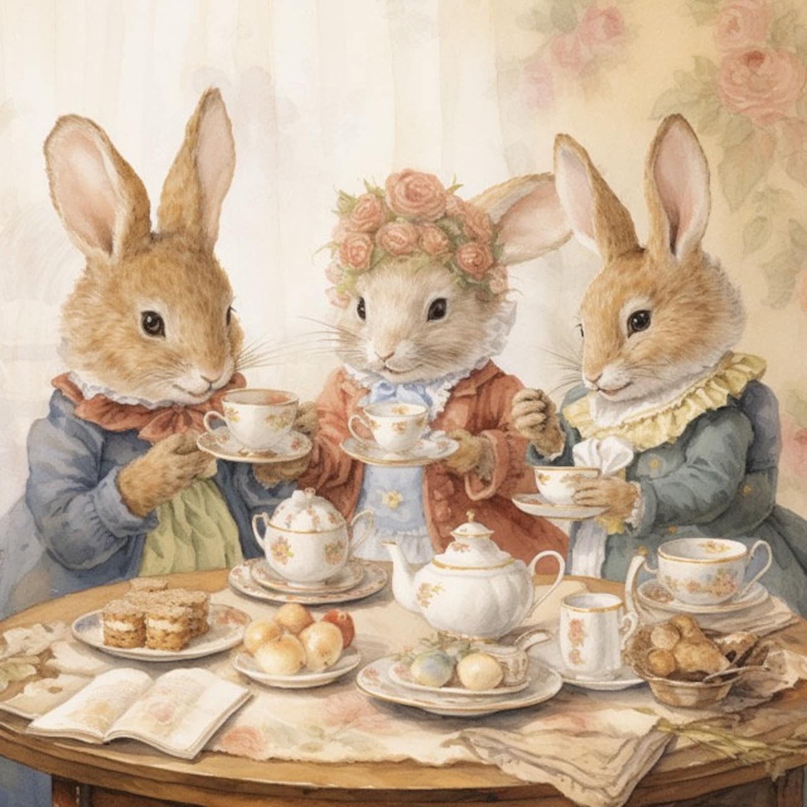 Bunny Rabbit Tea Time Watercolor Clip Art Sublimation Graphics 4 JPG ...