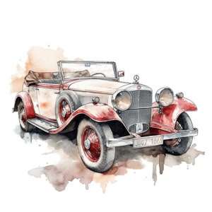 Antique Mercedes Benz Convertible Car Watercolor Clip Art 4 High Quality PNG Format Instant Download Commercial Use - 277
