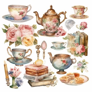 Tea Party Clipart 8 Hochwertige JPG Aquarell Kunst Digital Download Kartenherstellung, Clip Art, Mixed Media Digital Paper Craft - 094