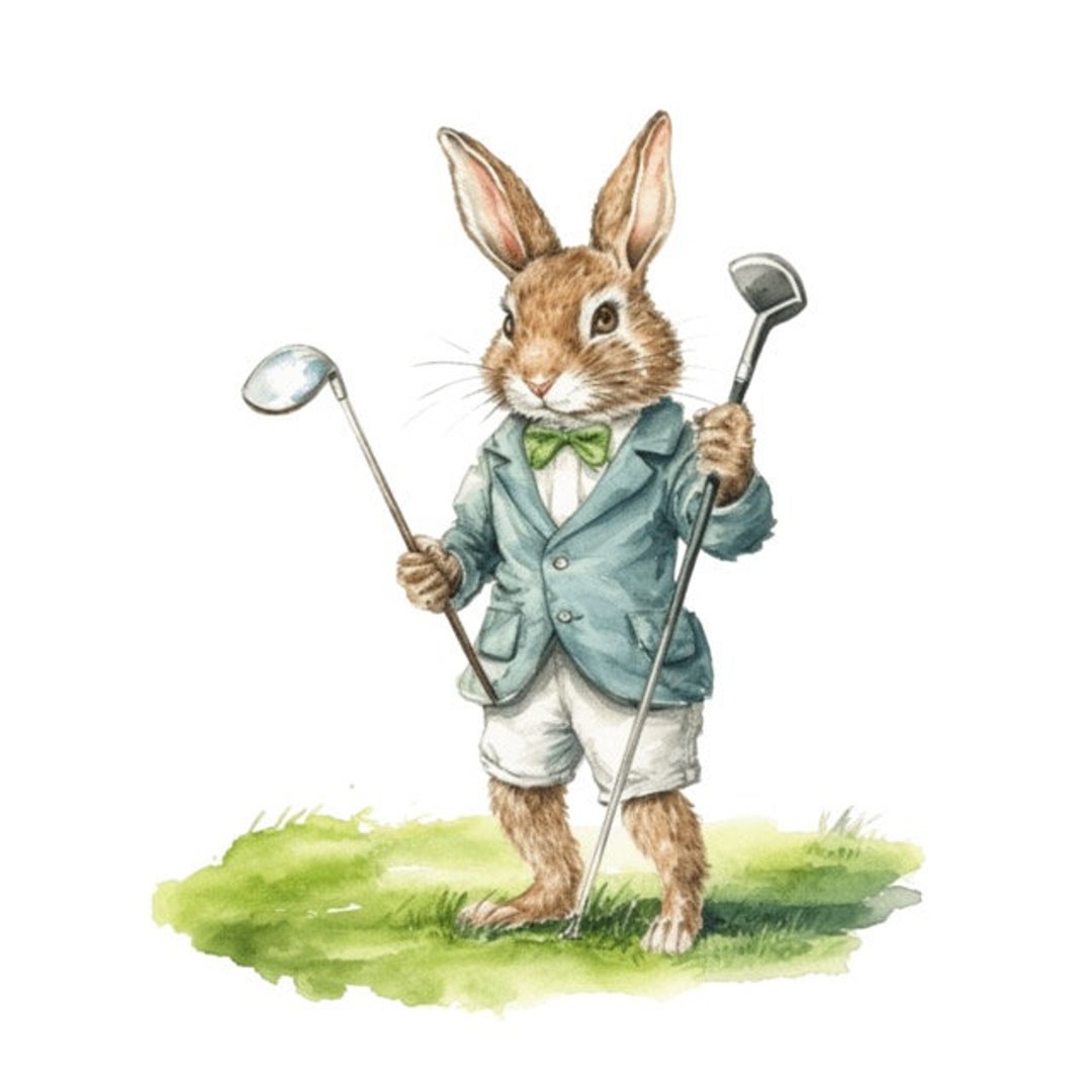 Bunny Rabbit Playing Golf Father's Day Watercolor Clip Art 4 High