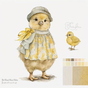 May include: A watercolor painting of a yellow chick wearing a gray hat and a yellow dress with a yellow bow. The chick is standing on a white background. The painting also includes a smaller yellow chick and a color palette.